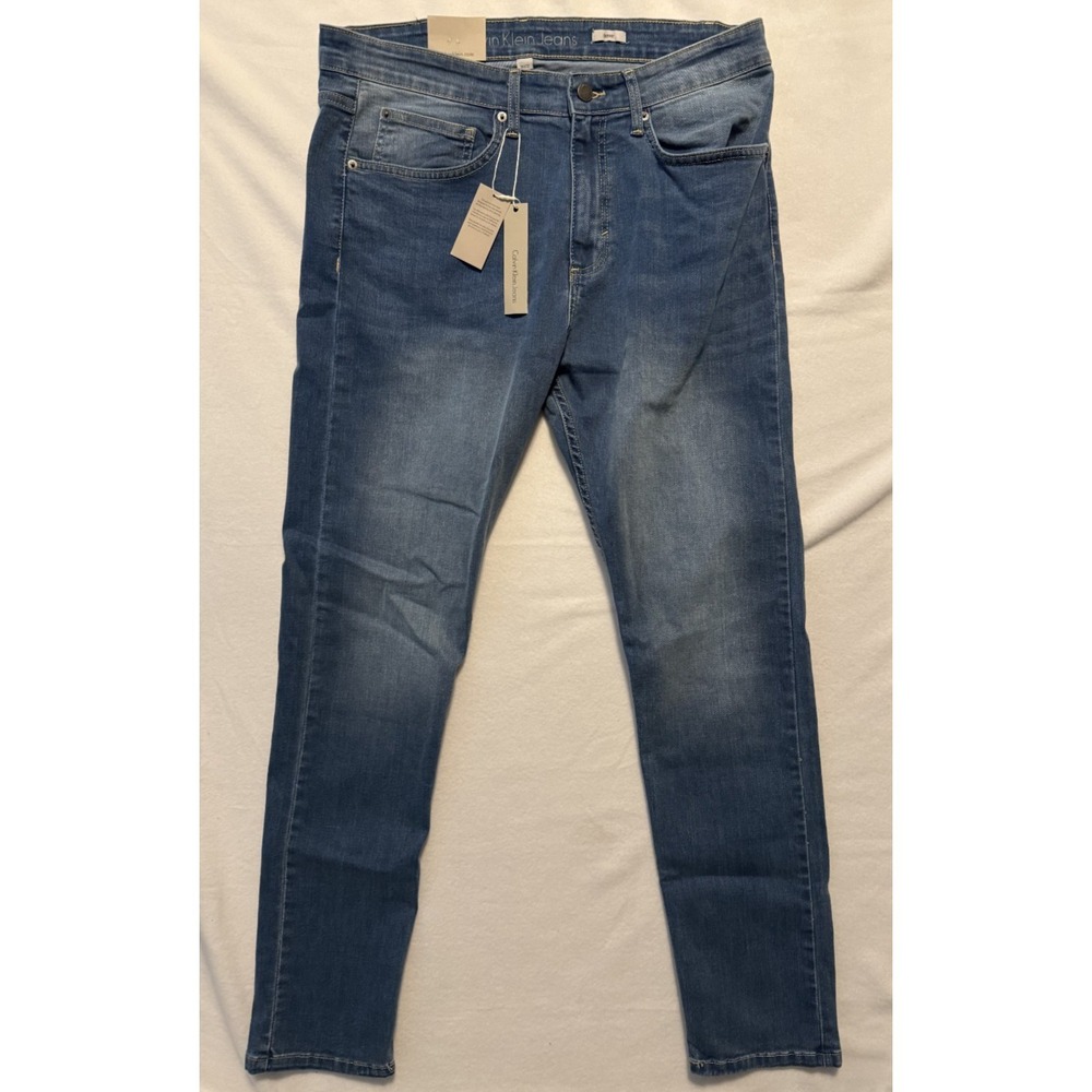 Calvin Klein Skinny Jeans Mens Straight Leg Button Fly Dark Blue Wash Sz W34 L32